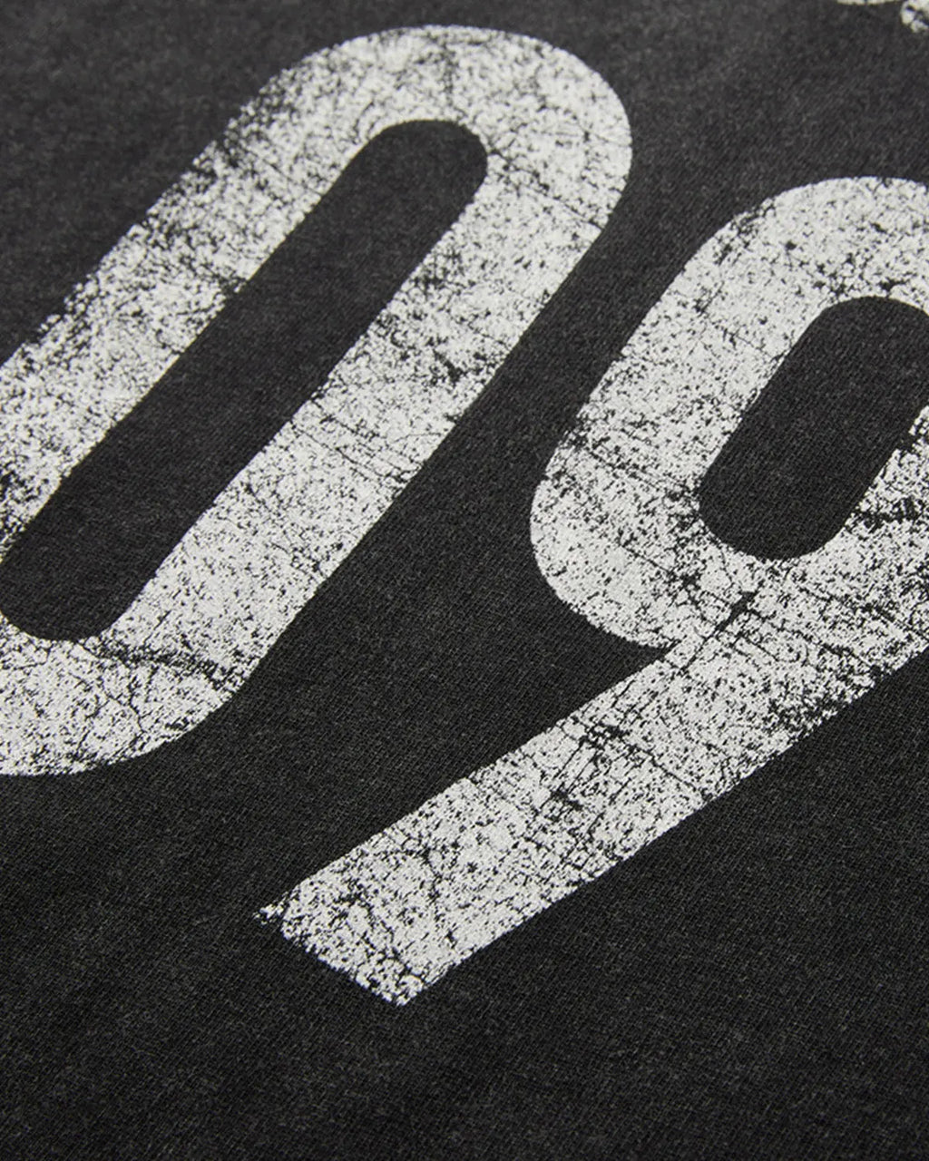 Gray distressed spray wash graphic T-shirt by Flation Streetwear, featuring bold urban design and casual fit.