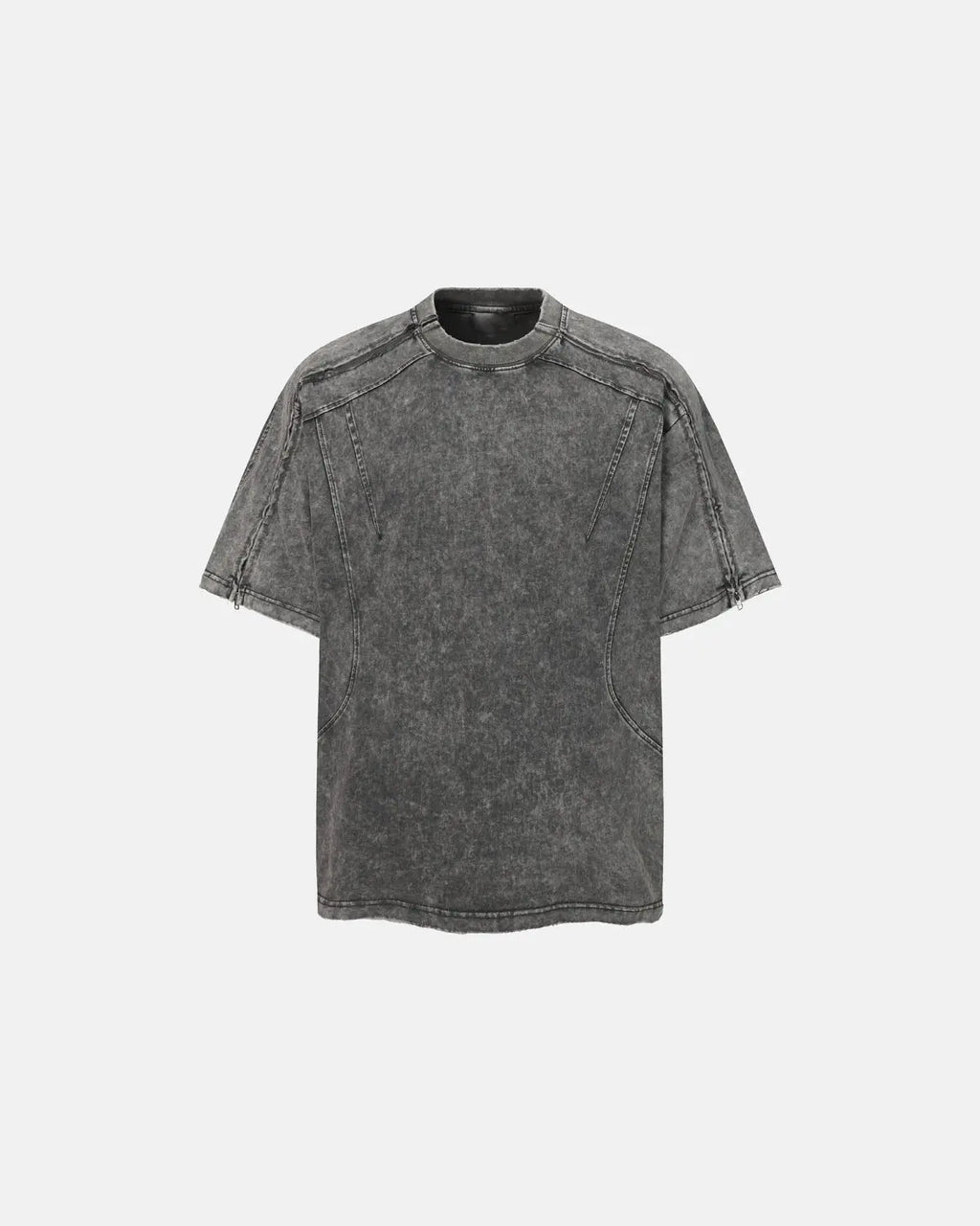 Grey distressed washed zip sleeve T-shirt by Flation Streetwear, featuring a relaxed fit and casual style.