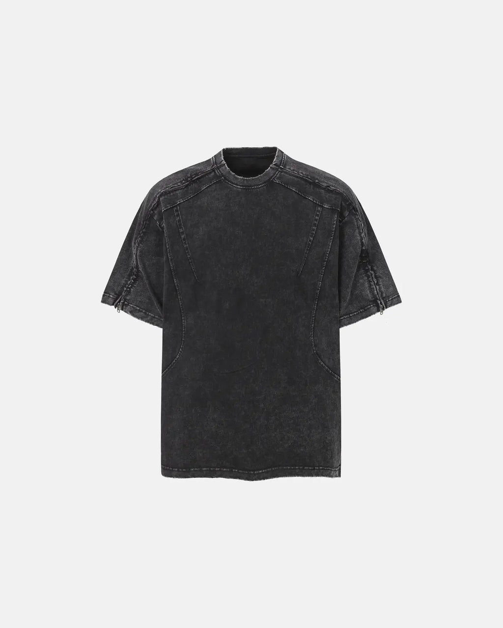 Gray distressed washed zip sleeve T-shirt by Flation Streetwear, featuring a relaxed fit and casual street style design.