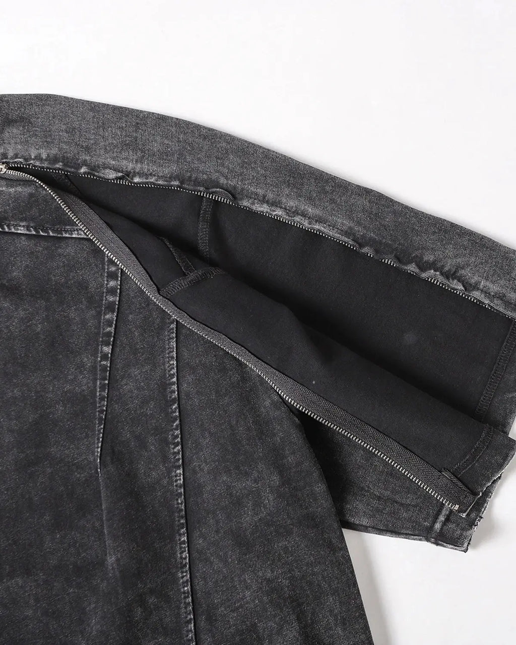 Gray distressed washed zip sleeve T-shirt by Flation Streetwear, featuring a casual fit and zipper detail on the sleeves.