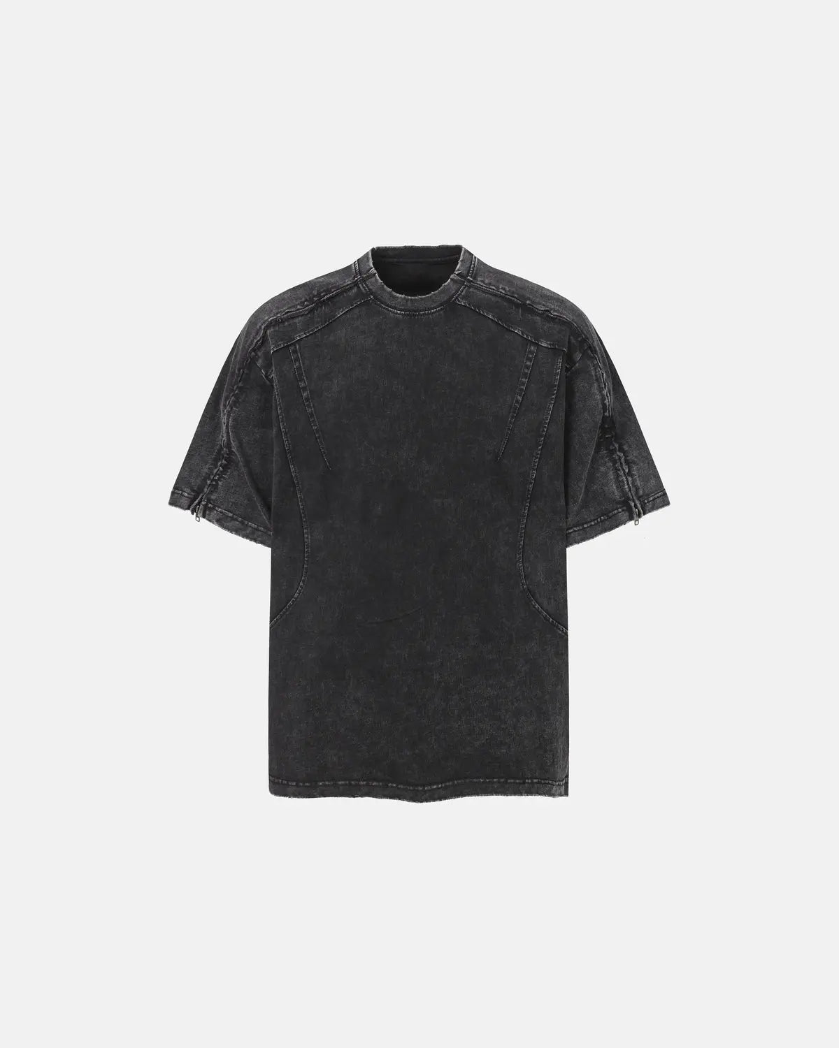 Gray distressed washed zip sleeve T-shirt by Flation Streetwear, casual fit with distressed details and zip accents.
