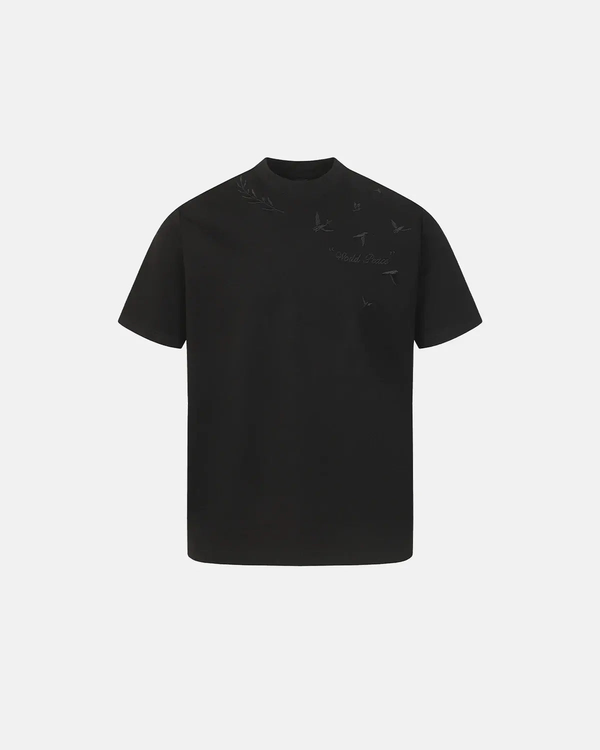 Gray Dove embroidered mock neck T-shirt by Flation Streetwear, featuring subtle embroidery and comfortable fit.