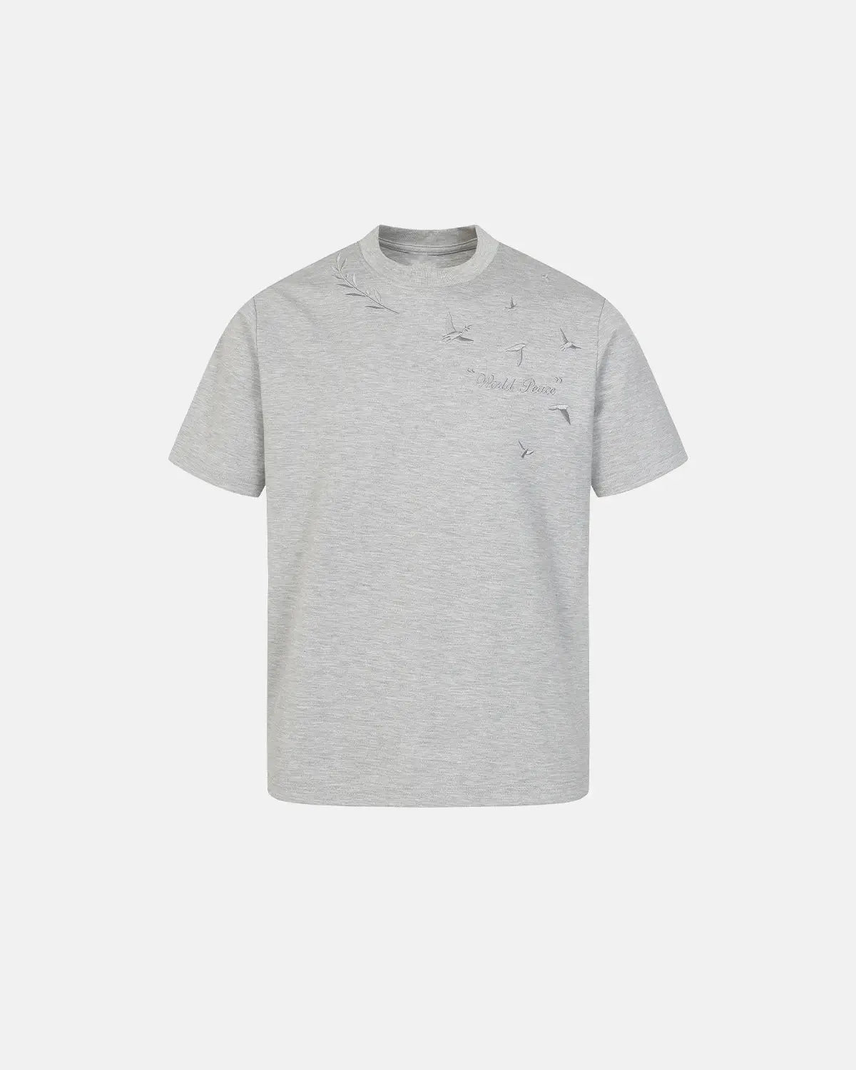 Gray Dove embroidered mock neck T-shirt by Flation Streetwear, featuring subtle embroidery and a comfortable fit.