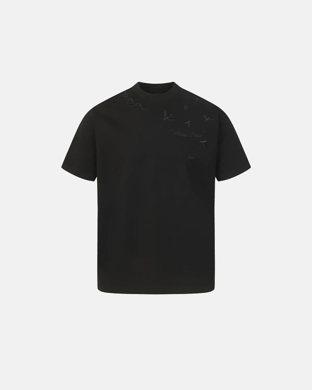 Grey Dove embroidered mock neck T-shirt by Flation, featuring subtle embroidery and a comfortable streetwear style.