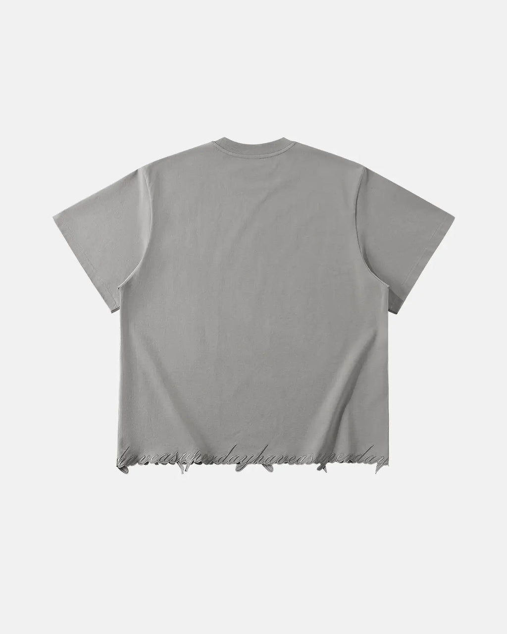 Grey embroidered frayed hem oversized T-shirt by Flation Streetwear, featuring relaxed fit and stylish embroidered details.