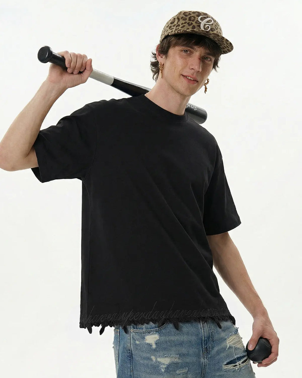 Grey embroidered frayed hem oversized T-shirt by Flation Streetwear, featuring relaxed fit and casual streetwear style.