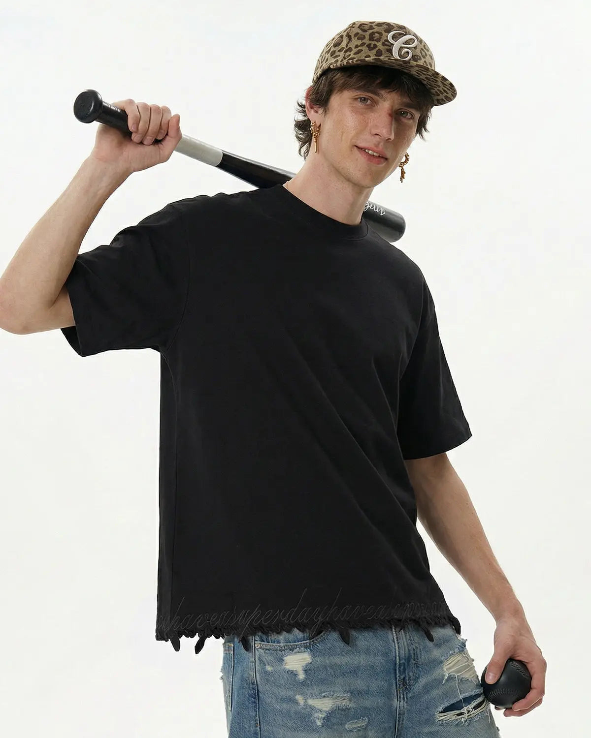 Grey embroidered frayed hem oversized T-shirt by Flation Streetwear, featuring relaxed fit and casual streetwear style.