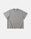 Gray embroidered oversized T-shirt with frayed hem from Flation Streetwear, featuring relaxed fit and stylish embroidered details.