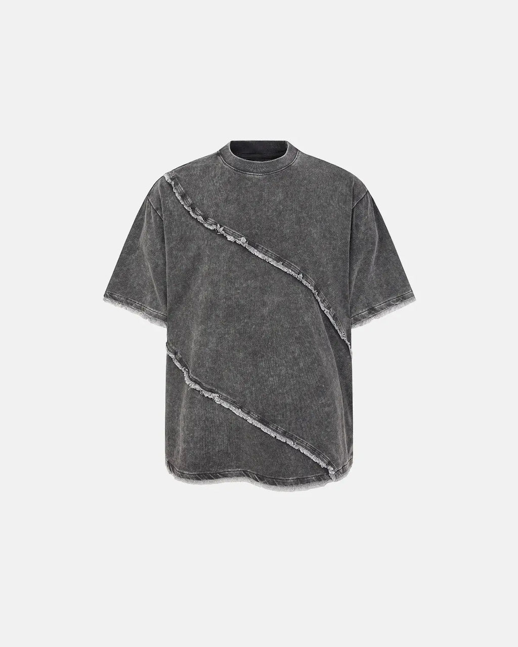 Raw edge deconstructed T-shirt by INFLATION Streetwear featuring distressed fabric and casual fit, displayed on a hanger.
