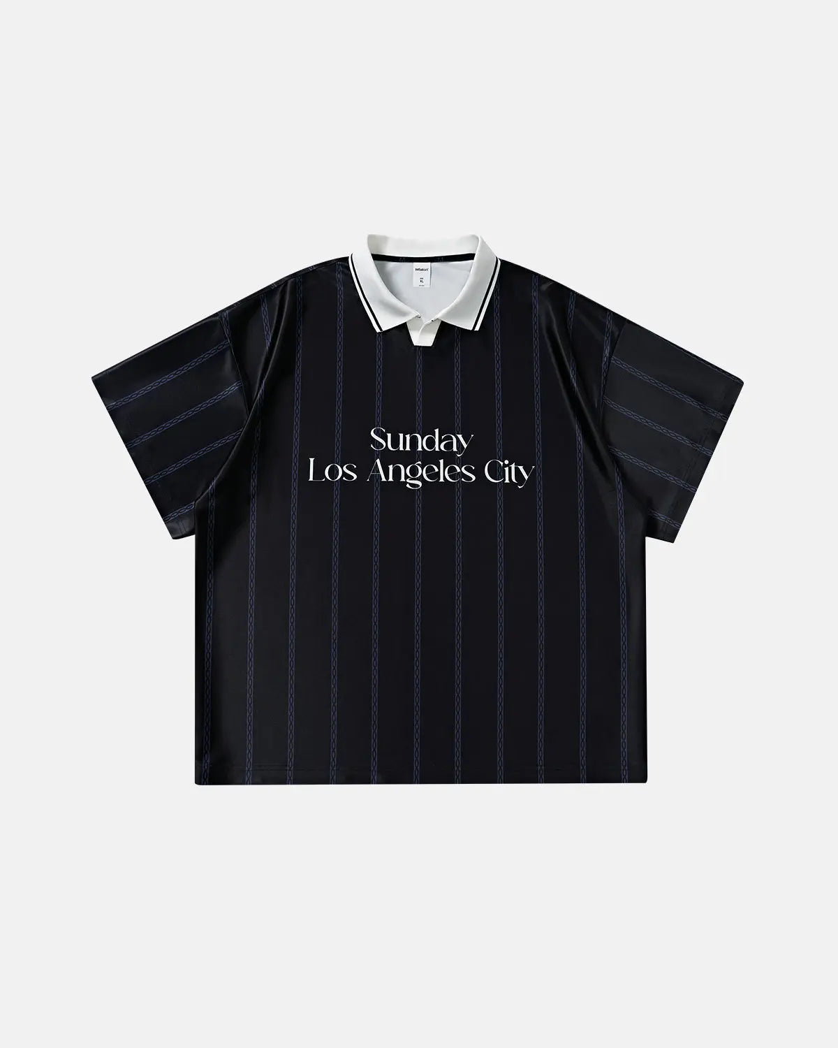 Gray vintage striped polo jersey by Flation Streetwear with a classic collar and bold stripe pattern, casual and stylish.