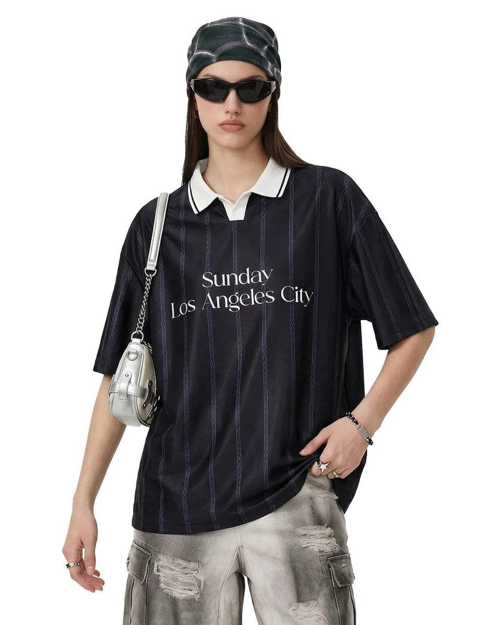 Gray vintage striped polo jersey by Flation Streetwear, featuring a classic collar and bold horizontal stripe pattern.