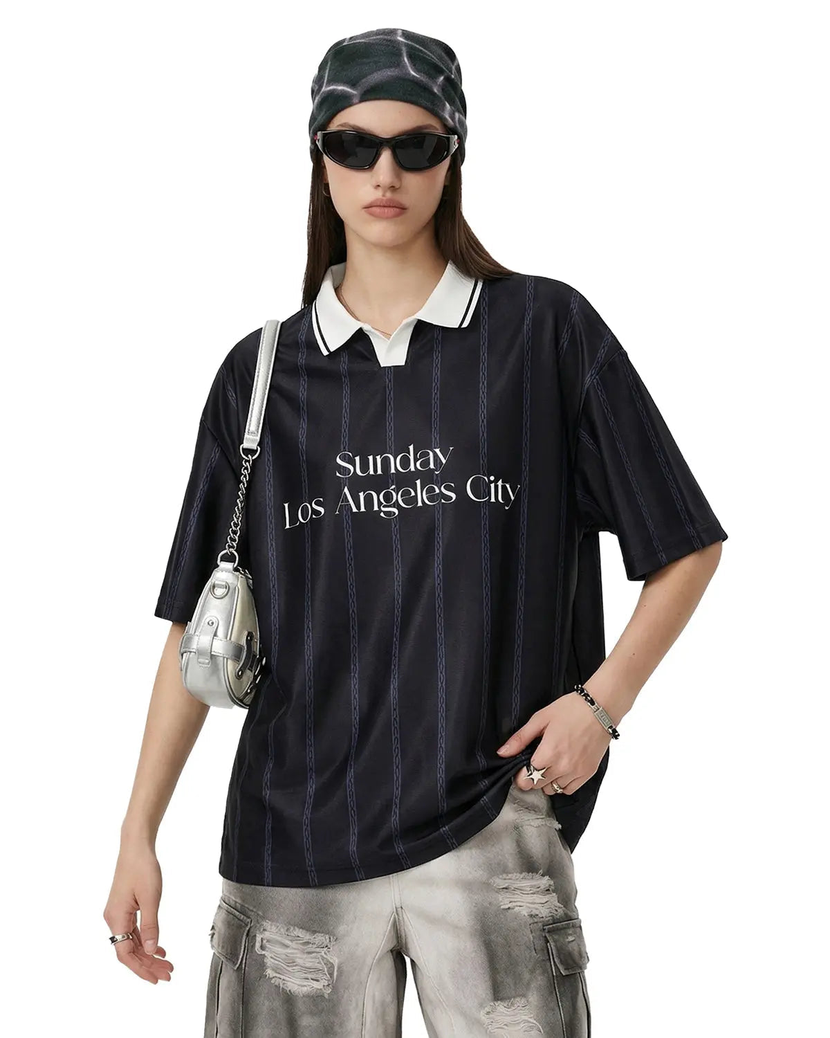 Gray vintage striped polo jersey by Flation Streetwear, featuring a classic collar and bold horizontal stripe pattern.