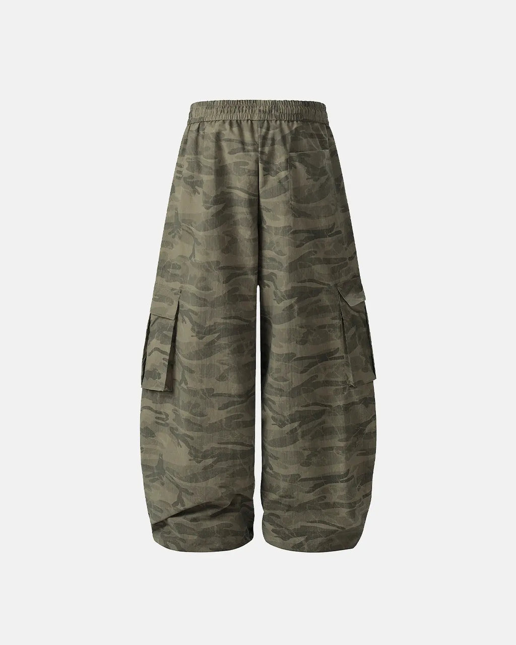 Gray camouflage cargo barrel pants by Flation Streetwear, featuring multiple pockets and a relaxed fit.