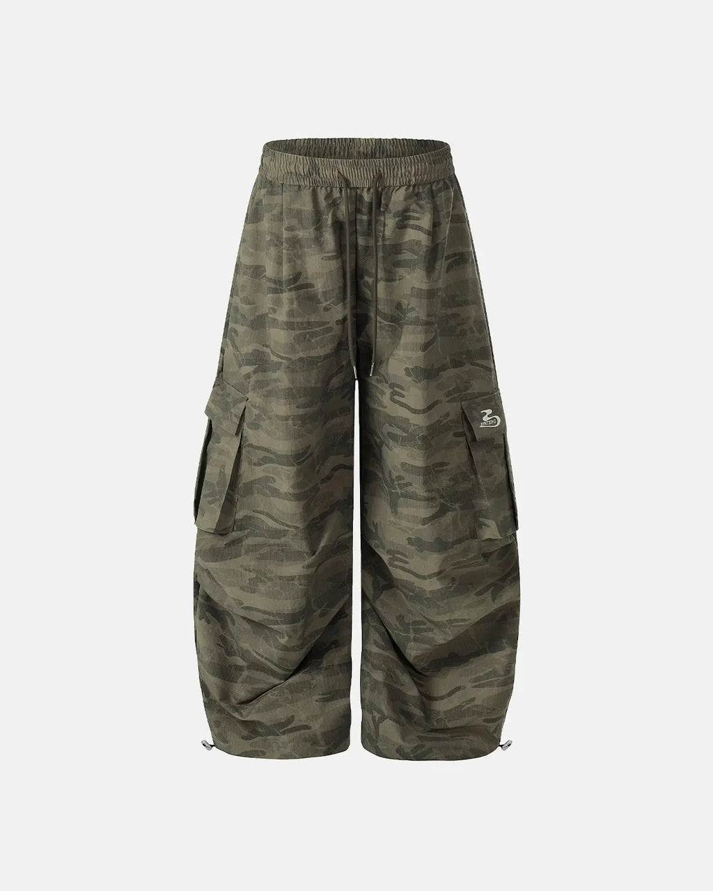 Grey camouflage cargo barrel pants by Flation streetwear, featuring multiple pockets and relaxed fit for urban style.