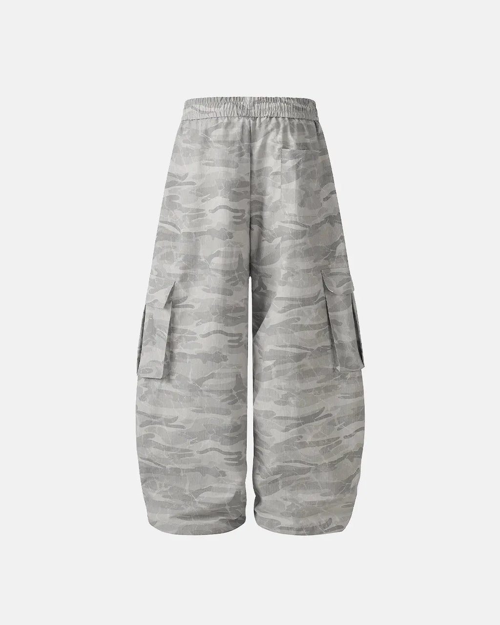 Gray camouflage cargo barrel pants by Flation Streetwear, featuring multiple pockets and a relaxed fit for casual style.