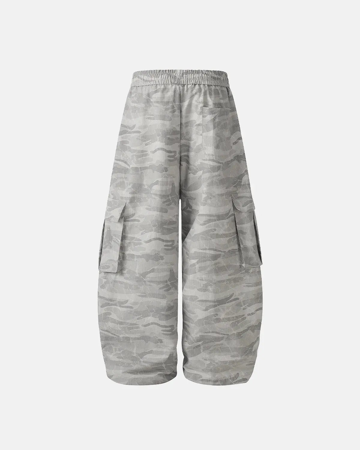 Gray camouflage cargo barrel pants by Flation Streetwear, featuring multiple pockets and a relaxed fit for casual style.