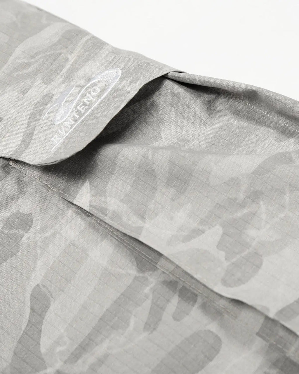 Gray camouflage cargo barrel pants by Flation Streetwear, featuring multiple pockets and relaxed fit for urban style.