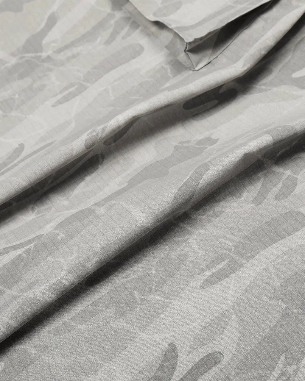 Gray camouflage cargo barrel pants by Flation Streetwear, featuring multiple pockets and a relaxed fit.