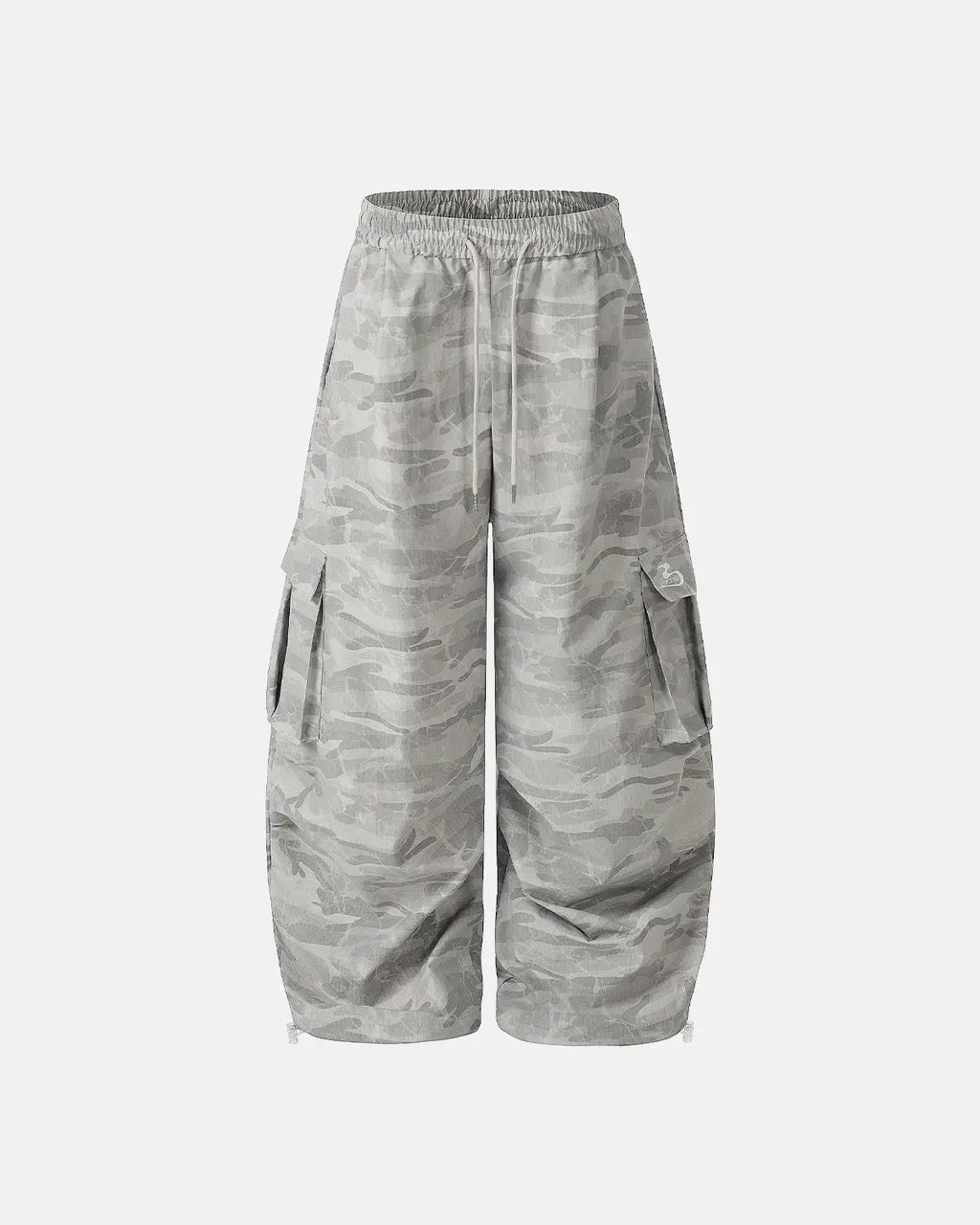 Gray camouflage cargo barrel pants by Flation Streetwear, featuring multiple pockets and a relaxed fit.