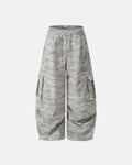 Gray camouflage cargo barrel pants by Flation Streetwear, featuring multiple pockets and a relaxed fit.