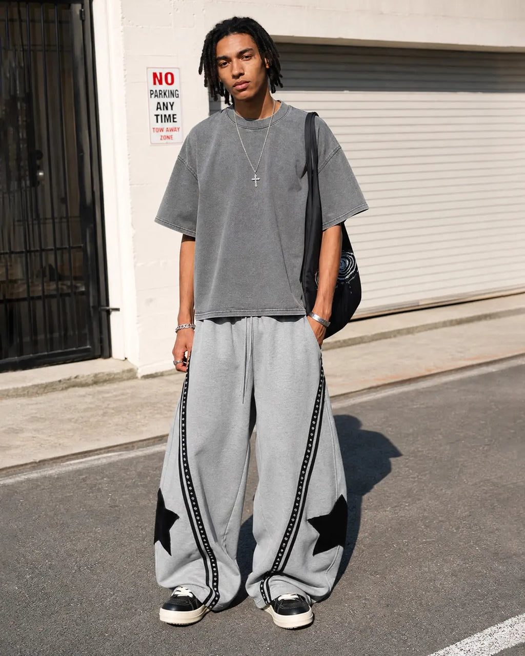 Grey Flation Contrast Patchwork Barrel Sweatpants with relaxed fit and stylish patch details, streetwear casual style.