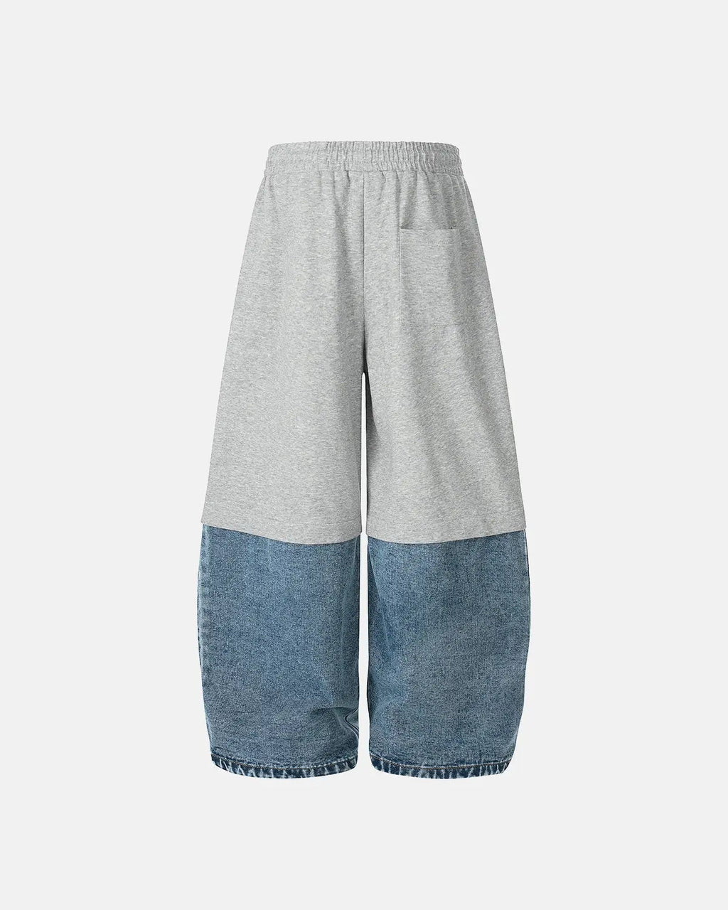 Gray denim detachable patchwork barrel joggers by Flation Streetwear, featuring a relaxed fit and stylish patchwork details.