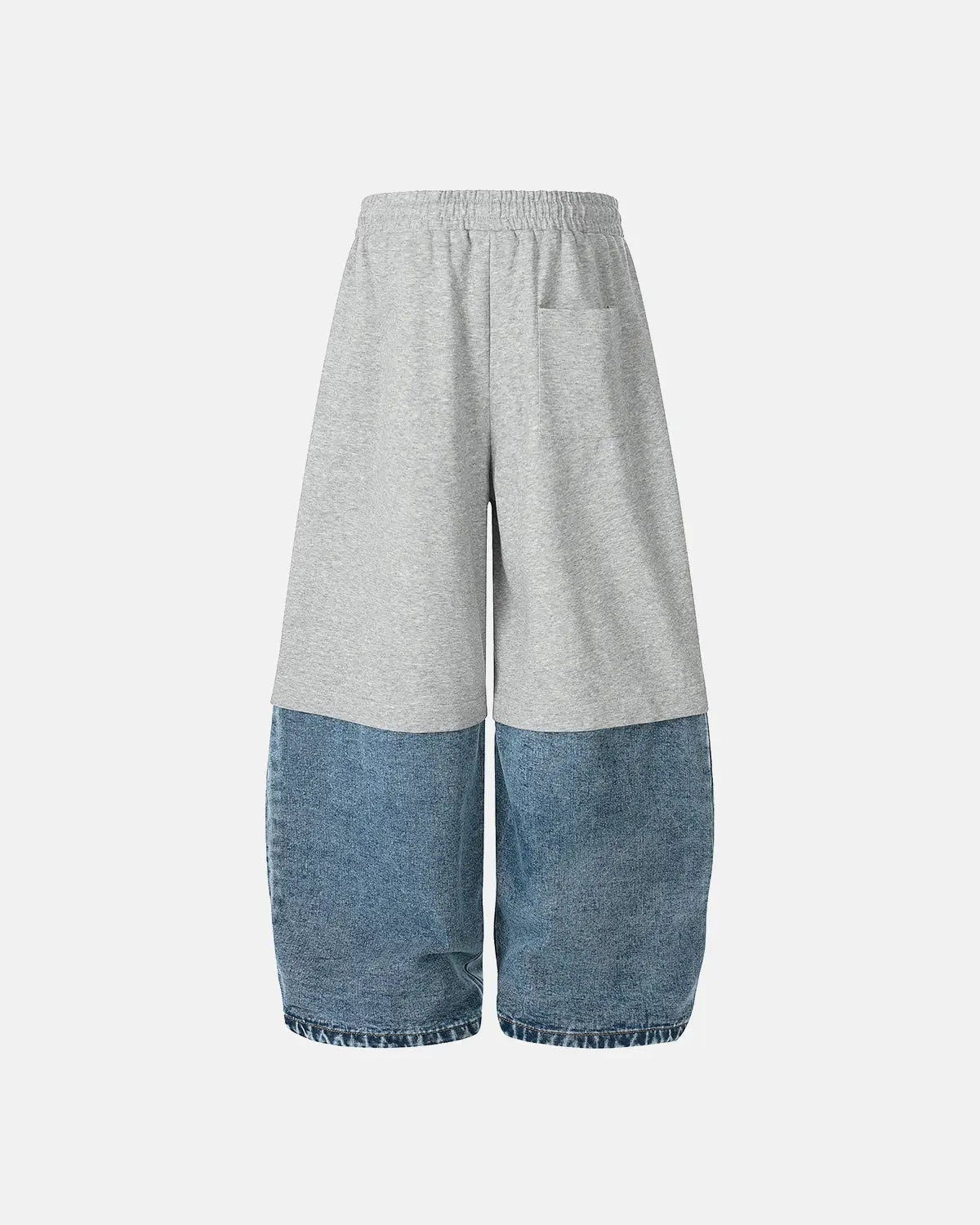 Gray denim detachable patchwork barrel joggers by Flation Streetwear, featuring a relaxed fit and stylish patchwork details.