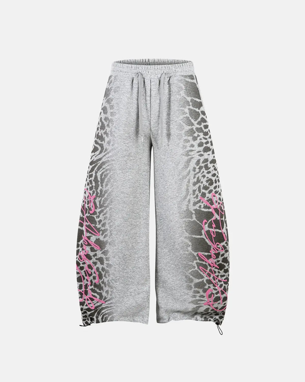 Leopard graphic barrel sweatpants by Flation featuring bold animal print and relaxed streetwear style.