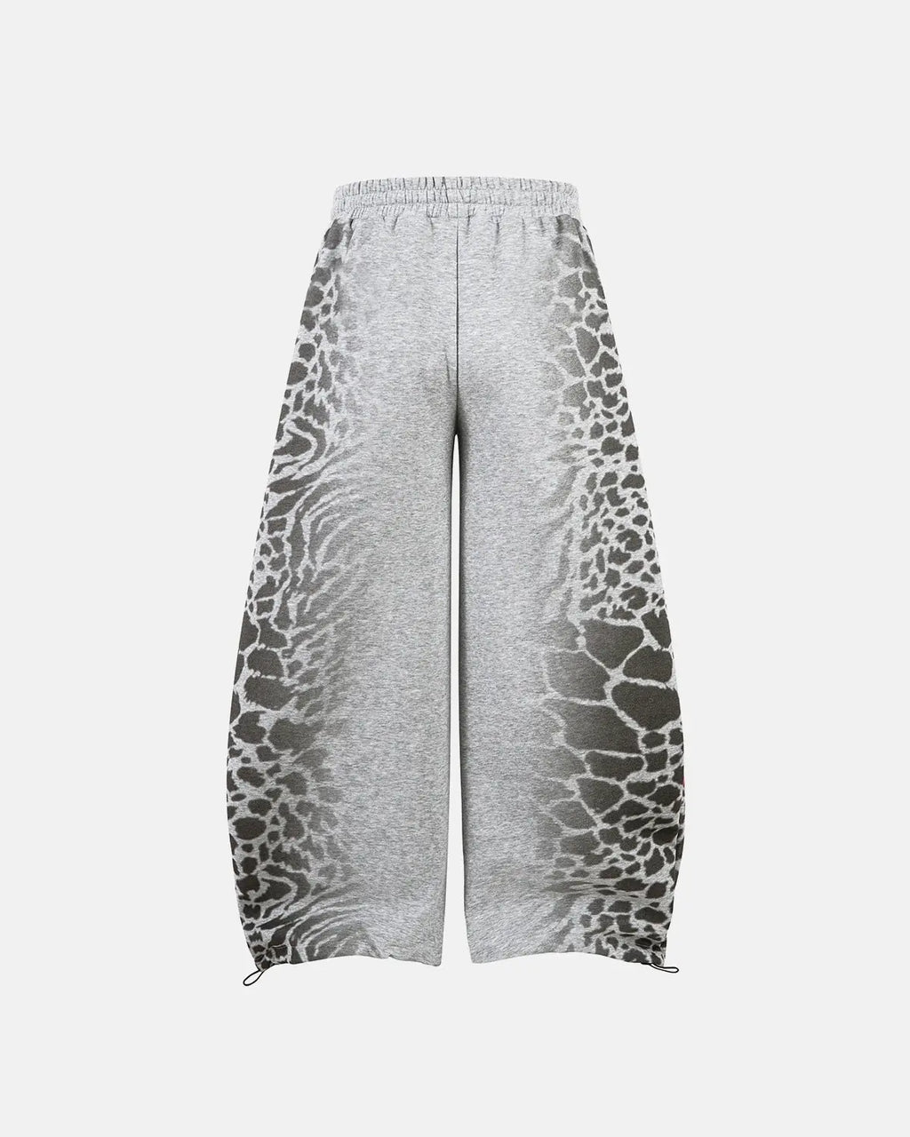 Leopard graphic design on black Flation barrel sweatpants with drawstring waist, streetwear style, casual and comfortable fit