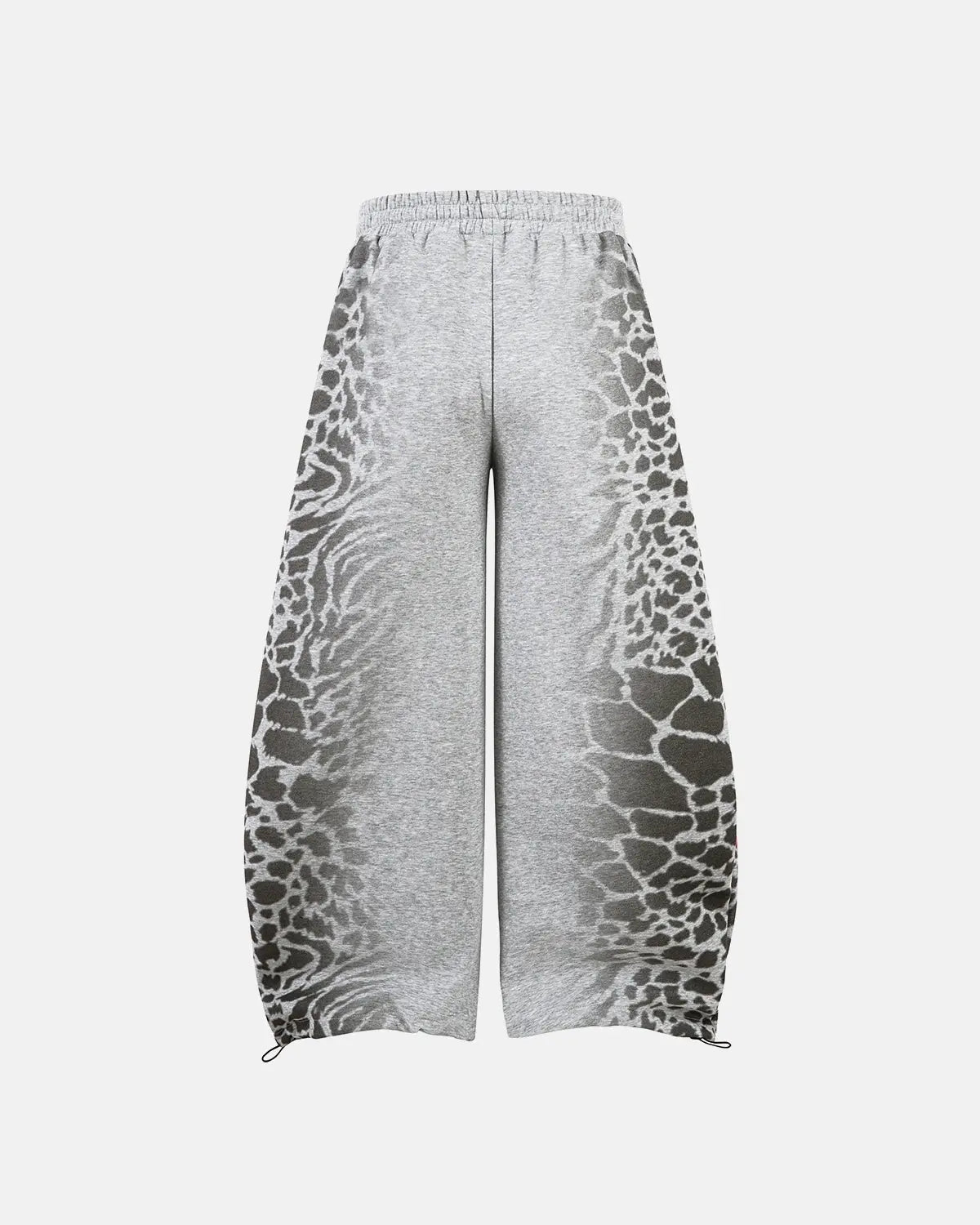 Leopard graphic design on black Flation barrel sweatpants with drawstring waist, streetwear style, casual and comfortable fit