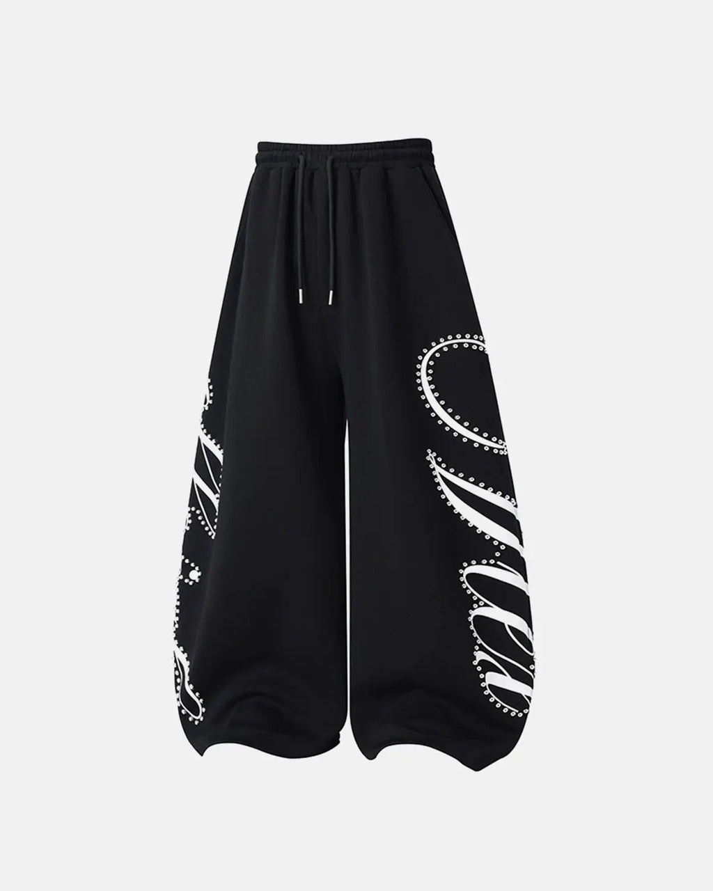 Inflation Rhinestone Script Baggy Sweatpants featuring bold script logo and relaxed fit, stylish streetwear with rhinestone embellishments.