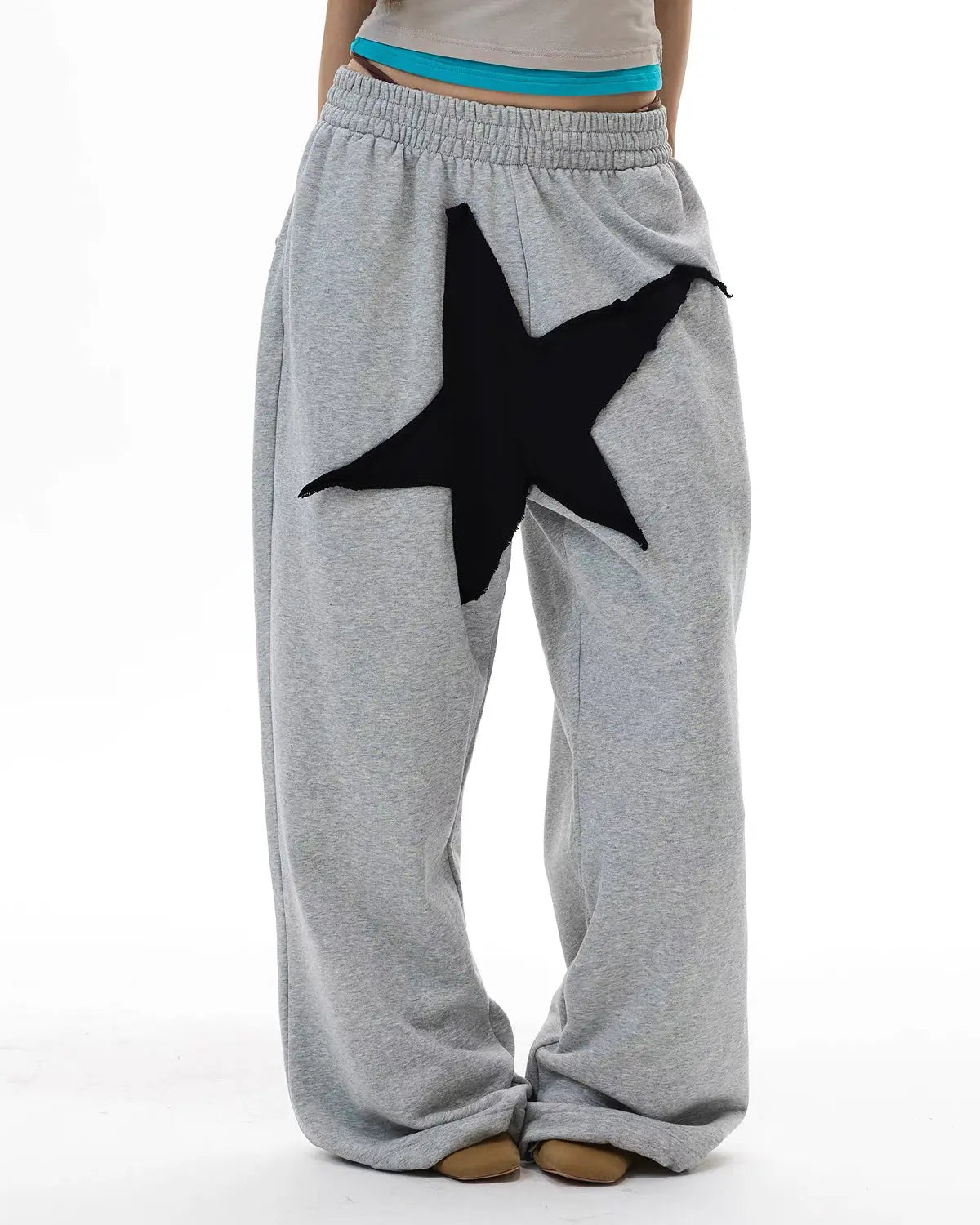Grey Star Patch Baggy Wide-Leg Sweatpants by Flation Streetwear, relaxed fit with star patch details and wide-leg design.