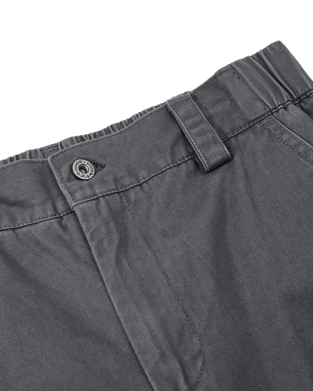 Gray washed curved seam cargo pants by Flation Streetwear, featuring a relaxed fit and multiple utility pockets.