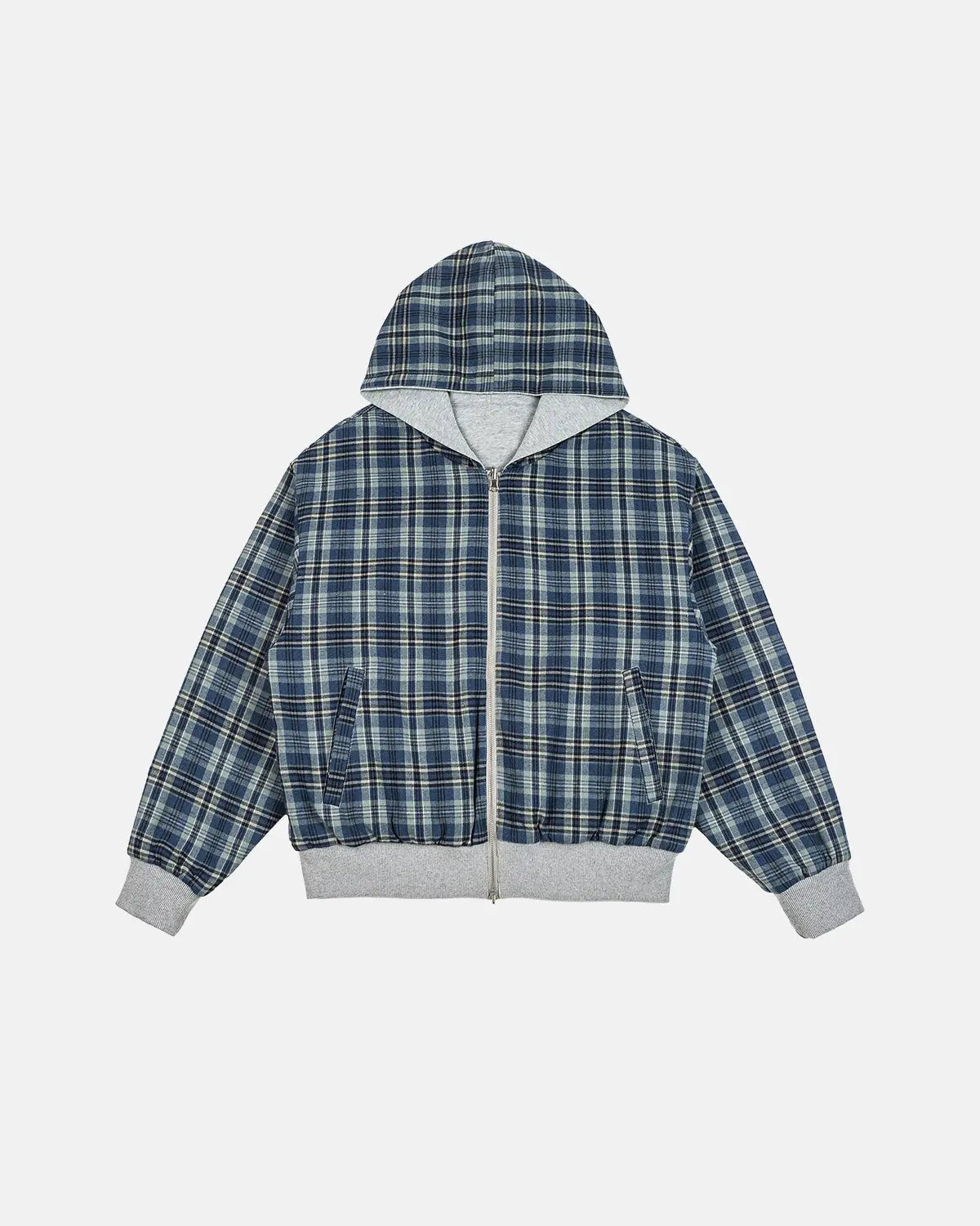 Reversible plaid cropped hoodie by Flation Streetwear, showing both checked patterns on a casual, stylish hoodie.