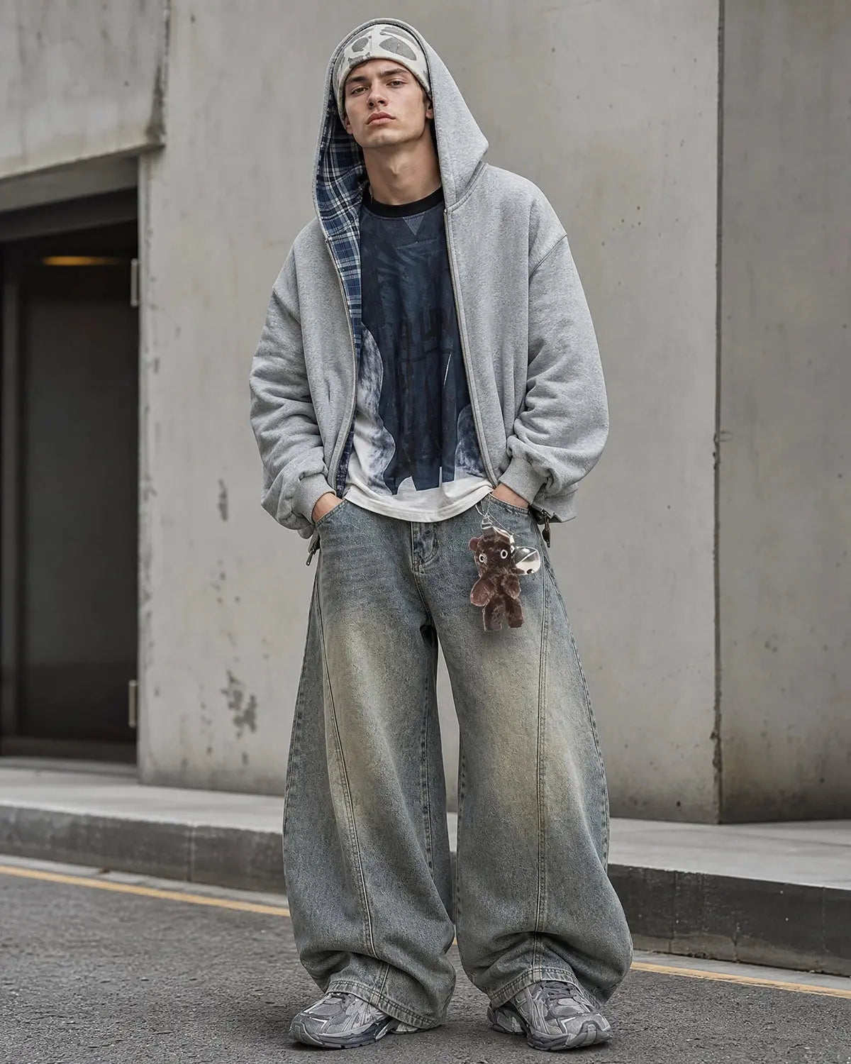 Reversible plaid cropped hoodie by Flation streetwear, showing both plaid and solid sides, with hood and long sleeves.