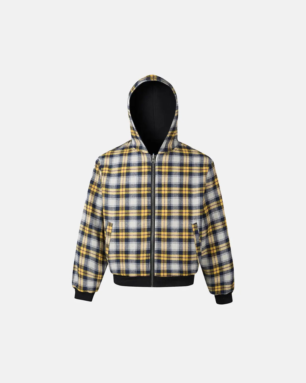 Yellow plaid reversible zip-up hoodie by Flation Streetwear, shown with both yellow plaid and grey sides, casual streetwear style.
