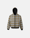 Yellow plaid reversible zip-up hoodie by Flation Streetwear, shown with both yellow plaid and grey sides, casual streetwear style.
