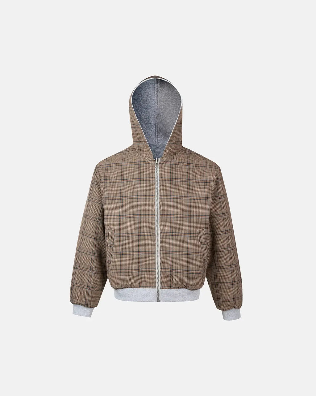 Yellow plaid reversible zip-up hoodie by Flation Streetwear, showing the vibrant plaid pattern and casual fit.