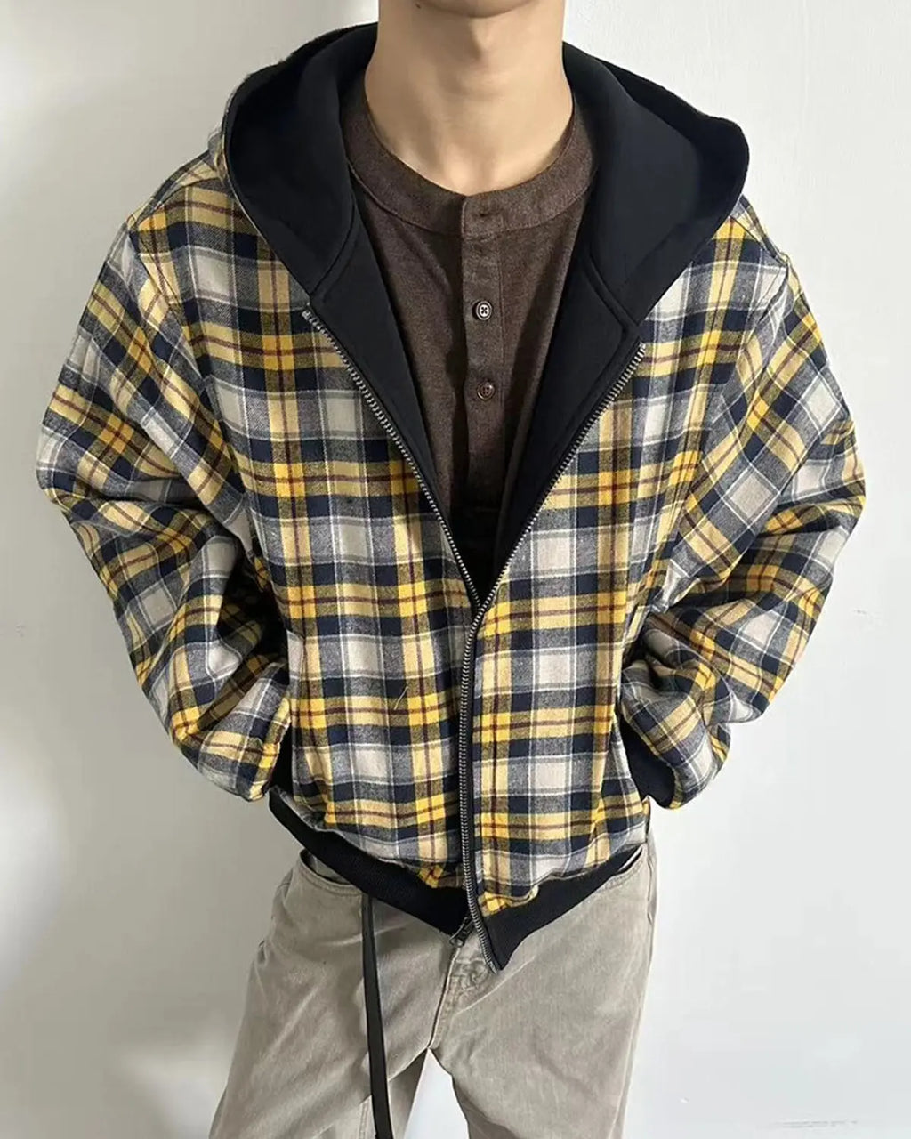 Yellow plaid reversible zip-up hoodie by Flation Streetwear, featuring a casual fit and contrasting grey interior.