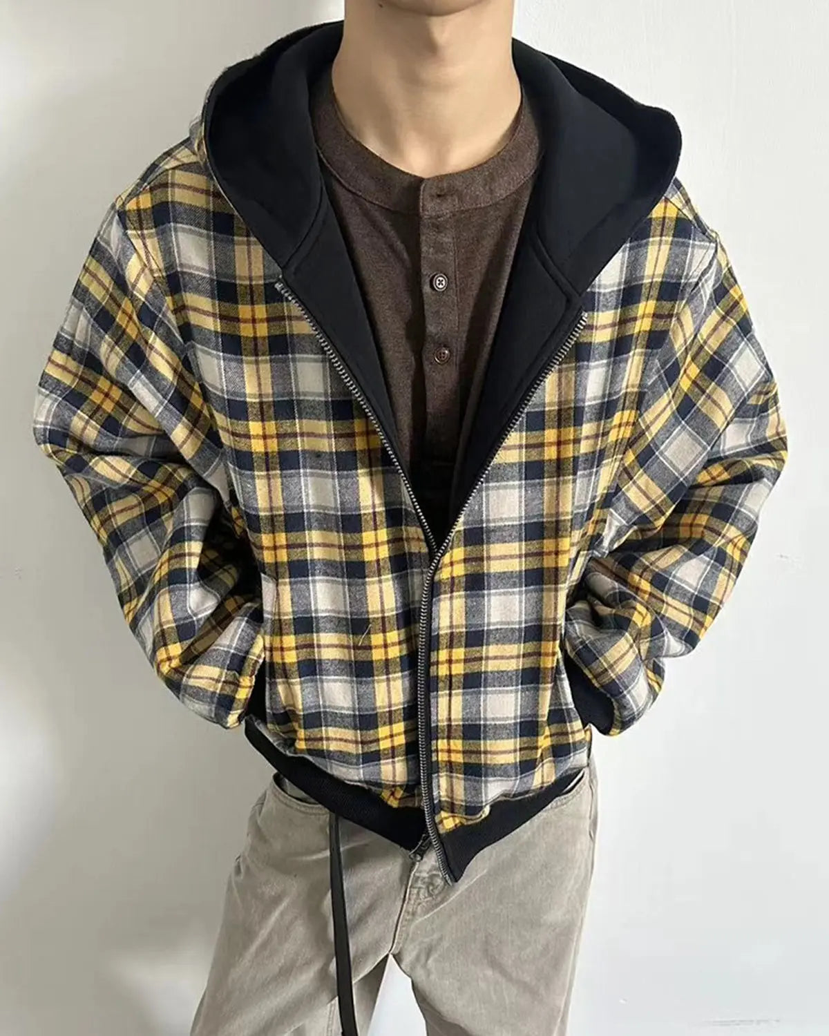 Yellow plaid reversible zip-up hoodie by Flation Streetwear, featuring a casual fit and contrasting grey interior.