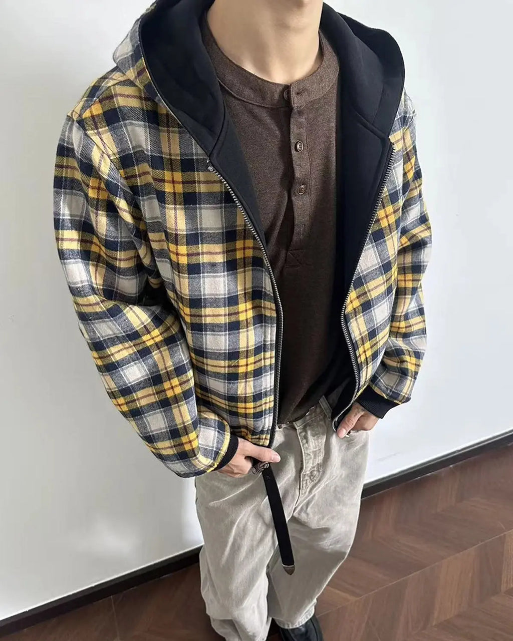 Yellow plaid reversible zip-up hoodie by Flation Streetwear, showing front view with hoodie and vibrant plaid pattern.