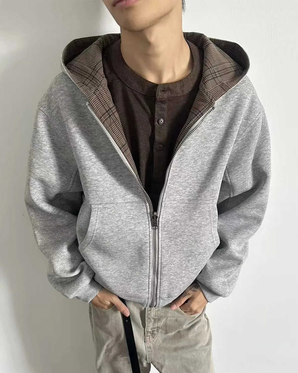 Yellow plaid reversible zip-up hoodie from Flation Streetwear, featuring a cozy fit and versatile style, shown in the image.