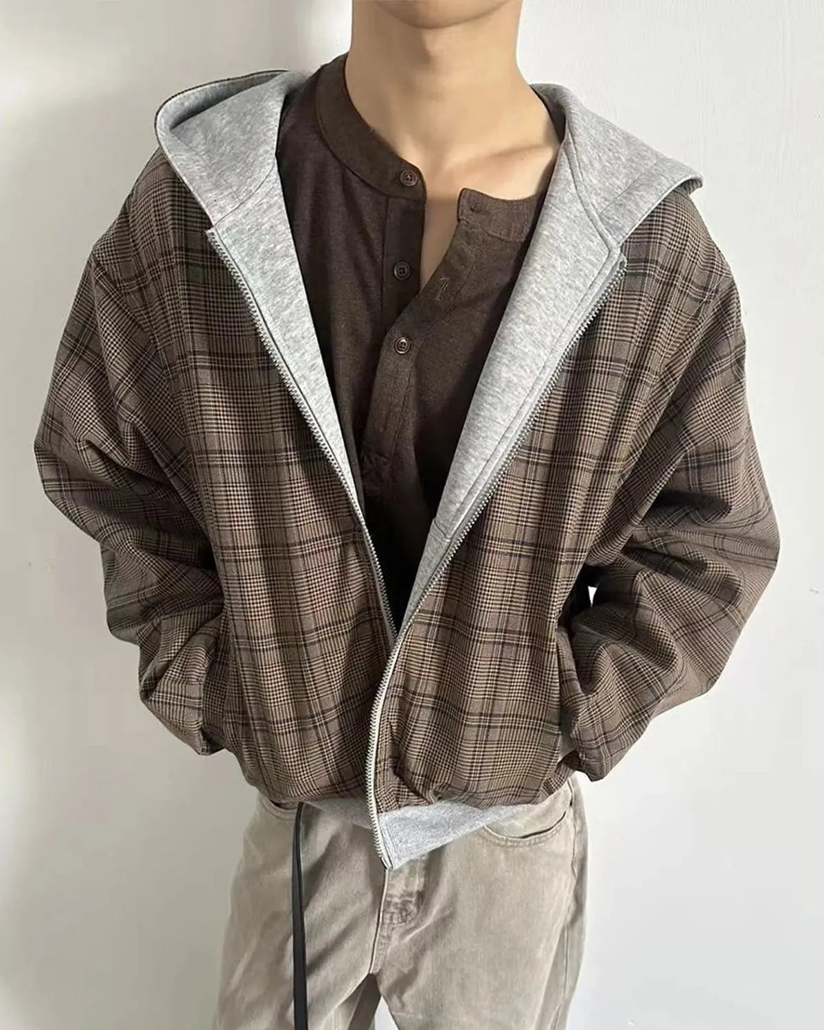 Yellow plaid reversible zip-up hoodie by Flation Streetwear, shown in grey XS size with front zipper and casual style.