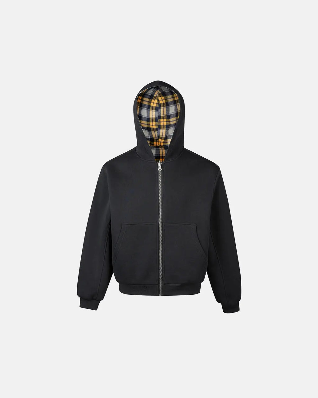 Yellow plaid reversible zip-up hoodie by Flation Streetwear, showing front view with visible plaid pattern and casual fit.