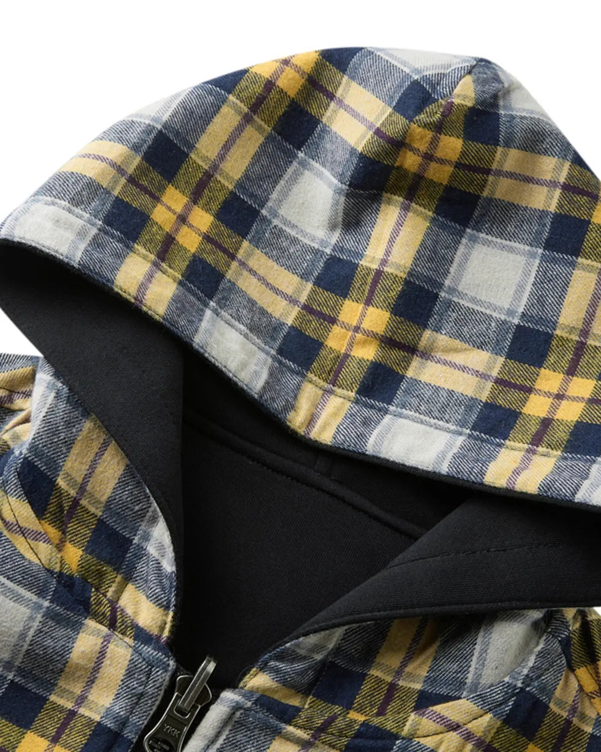 Yellow plaid reversible zip-up hoodie by Flation Streetwear, showing the front view with the hoodie and plaid pattern.