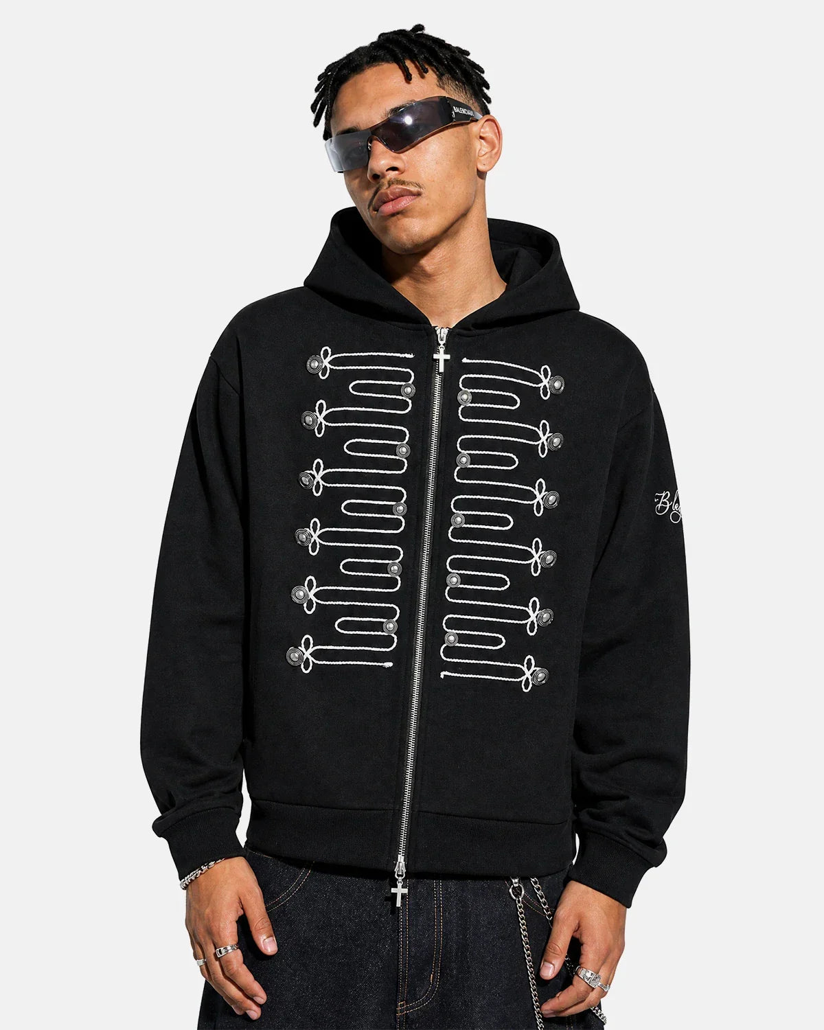Black braided embroidery boxy zip-up hoodie by Flation Streetwear, featuring a casual fit and front zipper closure.
