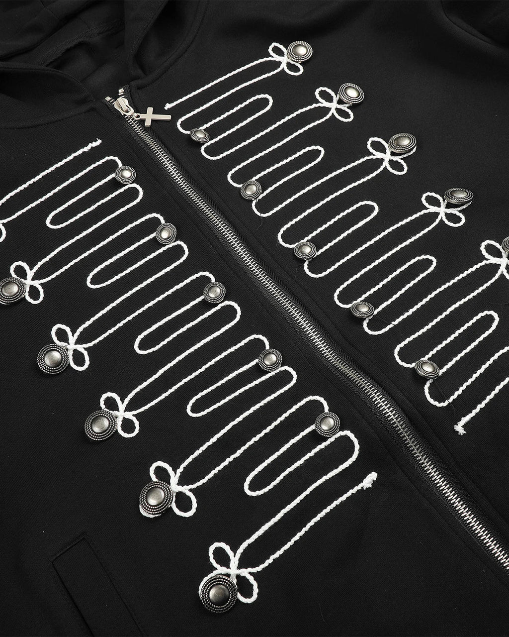 Black braided embroidery boxy zip-up hoodie by Flation Streetwear, showing front view with embroidery details and casual fit.