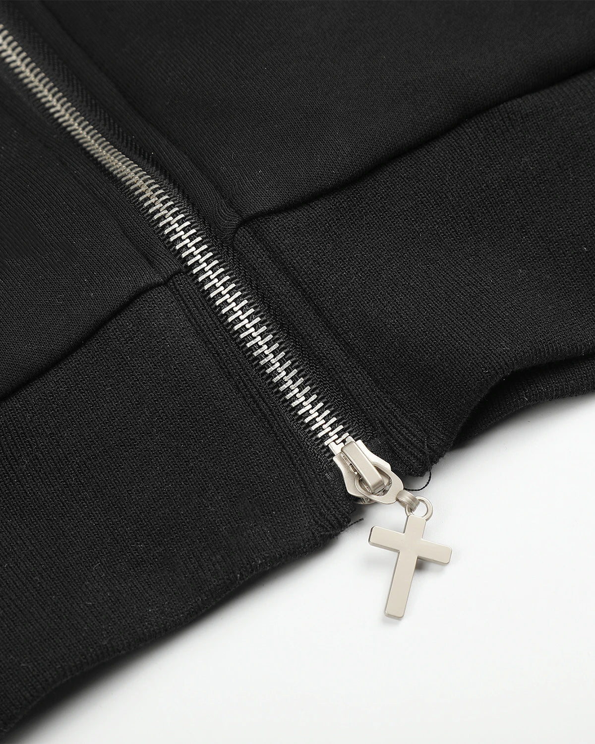 Black braided embroidery boxy zip-up hoodie from Flation Streetwear, featuring a casual fit and front zipper detail.