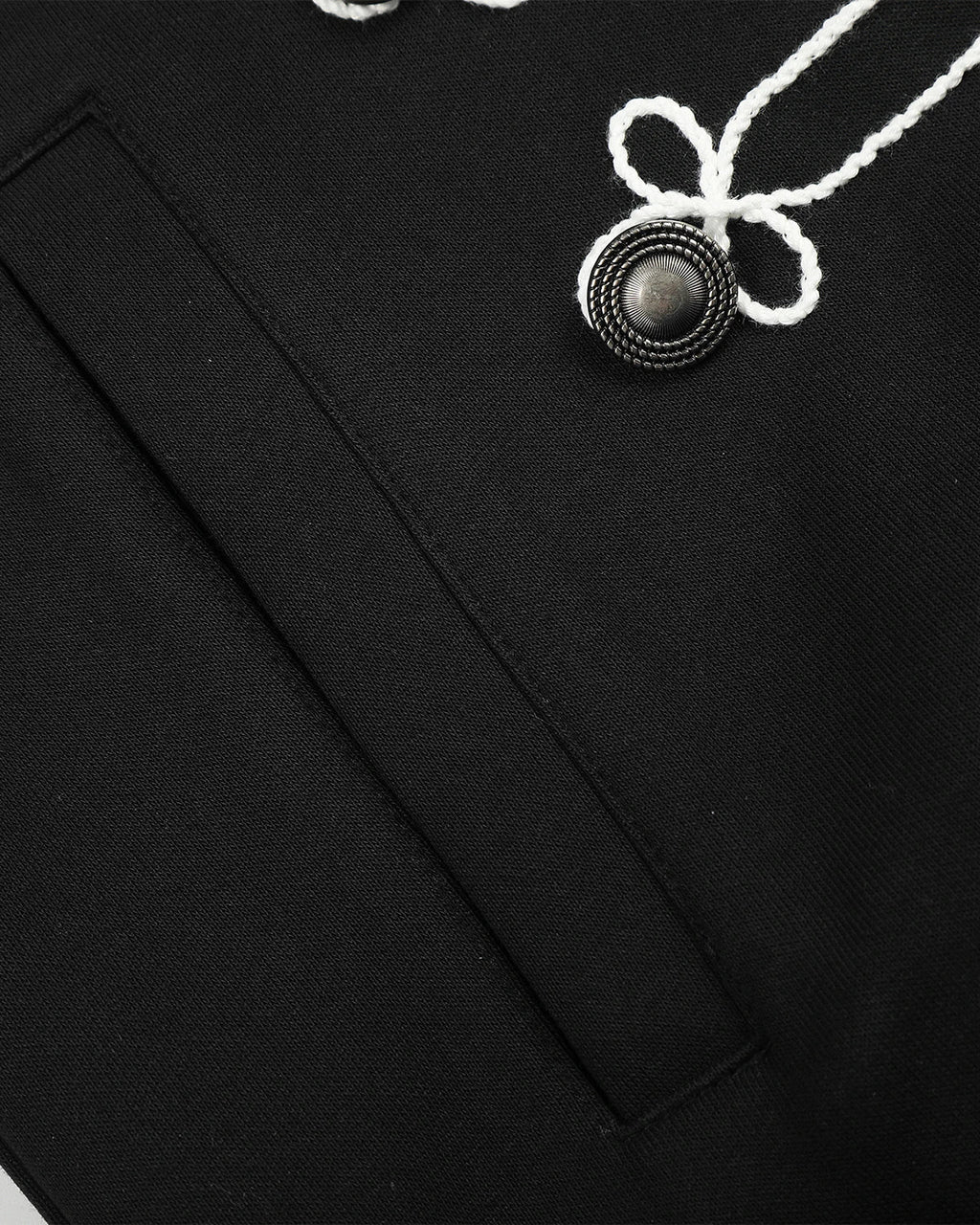 Black braided embroidery boxy zip-up hoodie by Flation Streetwear, featuring a relaxed fit and stylish embroidered details.