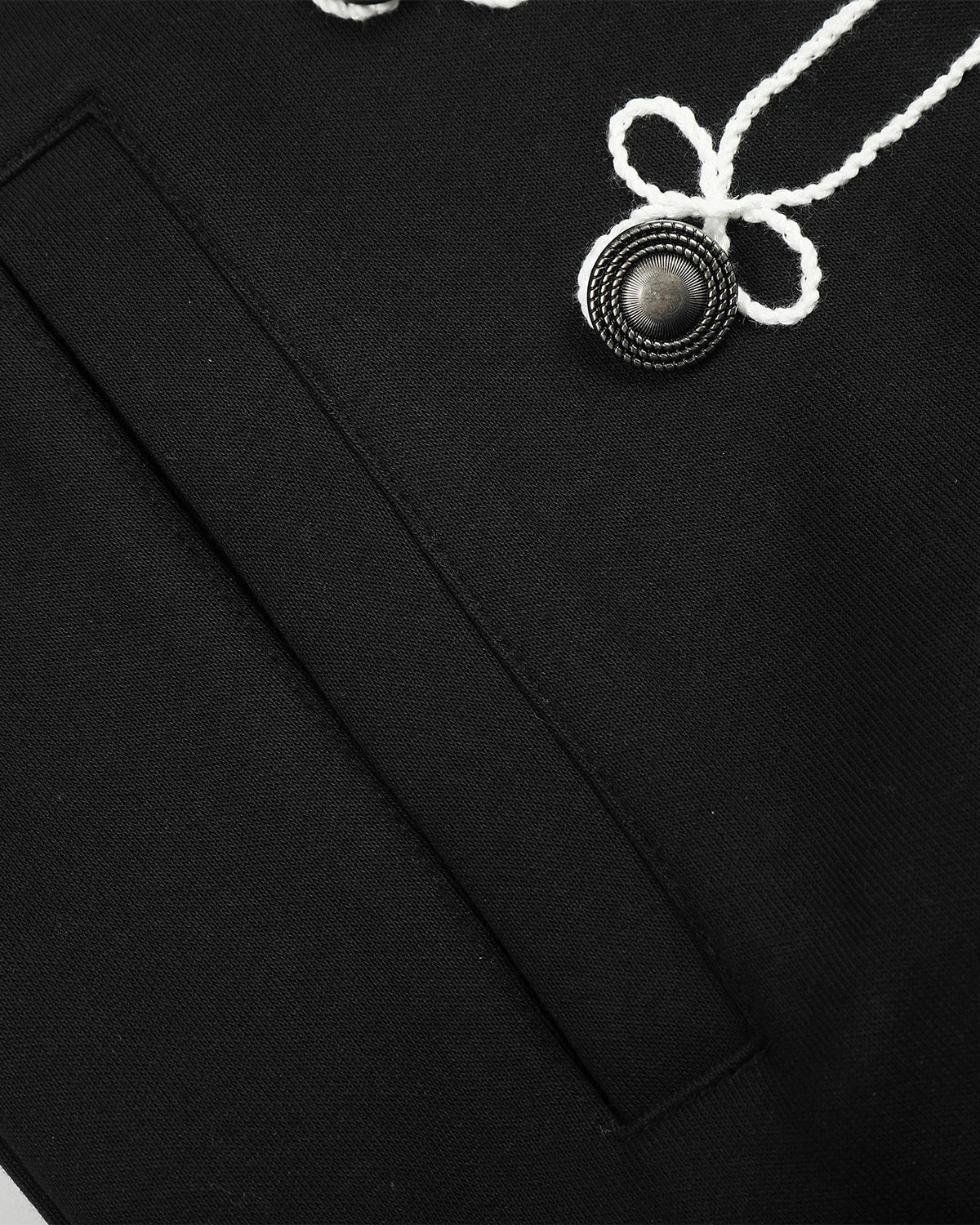 Black braided embroidery boxy zip-up hoodie by Flation Streetwear, featuring a relaxed fit and stylish embroidered details.